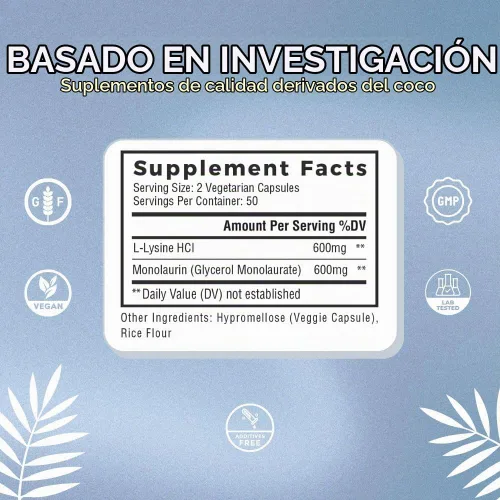 Vista 6 de Natural Cure Labs L-Lisina + Monolaurina 600mg Proporción 1:1, 100 Cápsulas