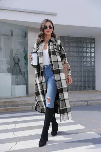 Vista 4 de Yousify Chaqueta larga con solapa a cuadros cepillada y bolsillos para mujer