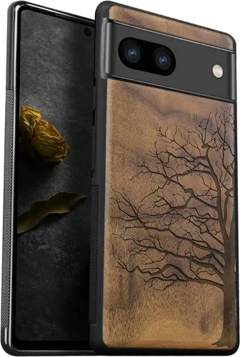 Vista 9 de Carveit Funda de madera para Pixel 7a [madera natural y TPU suave negro] a prueba de golpes, funda protectora de madera única y elegante compatible