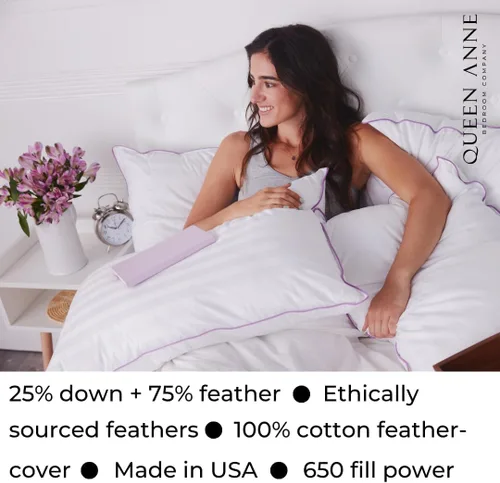 Vista 3 de Queen Anne Almohada de lujo con 25 % plumón + 75 % plumas, almohada de mezcla de plumas de ganso y pato para dormir, de espalda, de lado, boca abajo