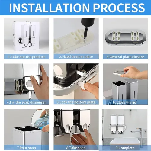 Vista 7 de Dispensador de champú y acondicionador prosfalt 2 x 500ml No taladrar Montado en la pared Dispensador manual de jabón para ducha para el hogar