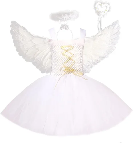 Vista 7 de GuliriFei Disfraz de ángel de Halloween para niñas, incluye alas de plumas, diadema de halo, varita mágica, falda tutú, disfraz de hada