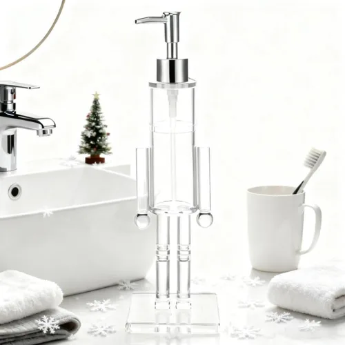 Vista 4 de Dispensador de jabón Cascanueces, Dispensador de jabón navideño Cascanueces de acrílico transparente, Dispensador decorativo recargable con Bomba