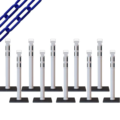 Vista 7 de CCW 10-Pack 45" Delineador Post Kit, 3" Collares reflectantes, 10 lb Base de goma (10 postes azules con cadena negra de 50 pies)