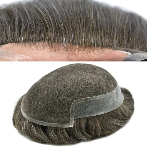 Vista 28 de Toupee para hombres sistemas de reemplazo de piel sintética con encaje suizo para hombre, nudos blanqueados, línea capilar natural para hombres
