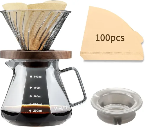 Vista 8 de Mongdio Cafetera de Goteo para Poner Encima, Cafetera de Vidrio de Borosilicato Resistente al Calor de 20 oz con 100 Filtros de Papel, Set