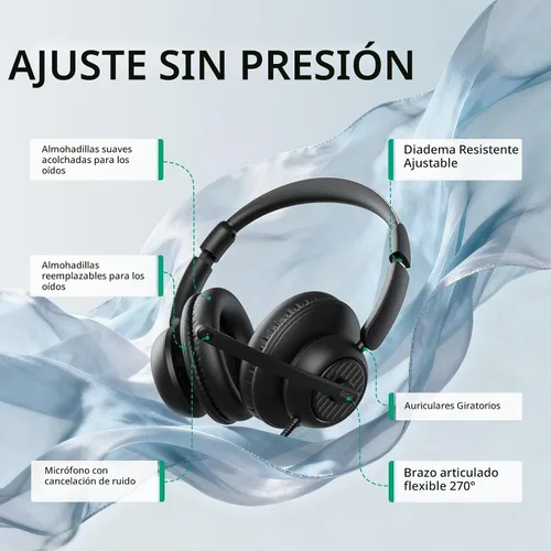 Vista 6 de EKSA H8 - Auriculares USB con micrófono para trabajo, auriculares estéreo con cable para computadora con cancelación de ruido, controles en línea