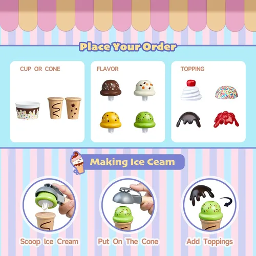 Vista 3 de Carrito de Helados de Madera Juguete Playset con Juguetes de Helado Juego de Comida de Simulación Camión de Comida Accesorios de Cocina de Juego