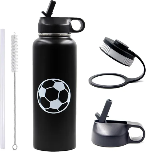 Vista 33 de Botella de agua de baloncesto de 12 onzas, botella de agua deportiva aislada al vacío de acero inoxidable con popote y 2 tapas, botella de agua