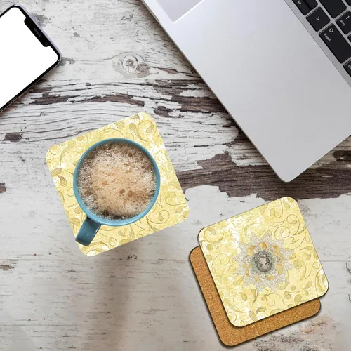 Vista 2 de 3dRose Image of Cameo in Gold, Yellow Lace Flora Design Set of 4 Coasters - Cork