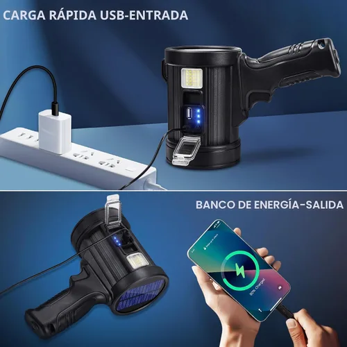Vista 4 de Foco recargable, 99000 lúmenes, linterna LED brillante, reflector de luz de larga duración, focos de mano para exteriores con paneles solares