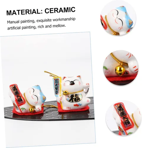 Vista 7 de NOLITOY Gato de la suerte de cerámica gato japonés Maneki Gato riqueza agitando gato decoración interior del coche Gato agitando figurita coche