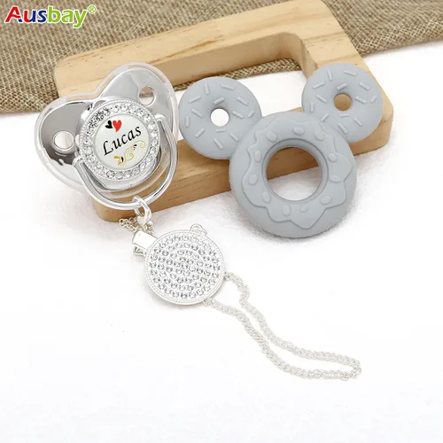 Vista 7 de Juego de chupete personalizado y clip para chupete con nombre, chupete personalizado, nombre y cadena personalizados, juguetes mordedores de Dorado