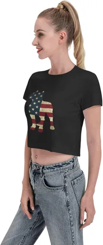 Vista 6 de Patriotic-Pitbull-American-Flag Womens Short Sleeve Cotton Crew-Neck Crop Top Basic T-Shirt