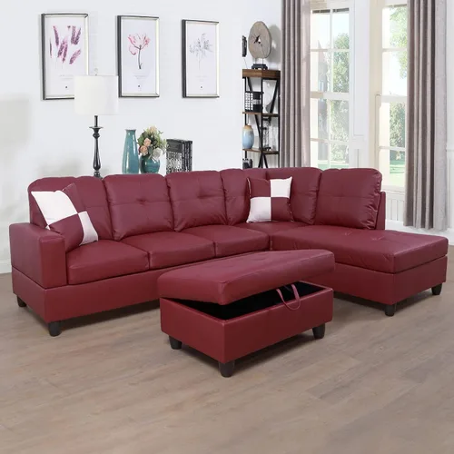 Vista 2 de Moderno sofá seccional de cuero en forma de L (rojo, orientado a la derecha)