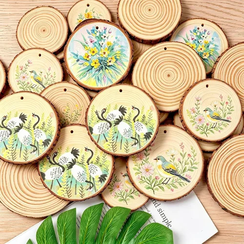 Vista 7 de Rebanadas de madera natural TICIOSH Craft Kit de madera sin terminar, preperforadas con agujero, círculos de madera para manualidades, decoración
