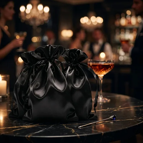 Vista 4 de Bolsas de regalo de satén negro de 3 x 4 pulgadas, bolsas de joyería, bolsas de cordón sedosas para regalos de boda, baby shower, Navidad, 50 por