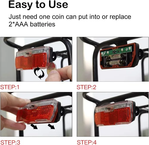 Vista 8 de Luz trasera para portabicicletas con 2 modos constante e intermitente, luz trasera de bicicleta fácil de instalar en el estante de carga, ajuste