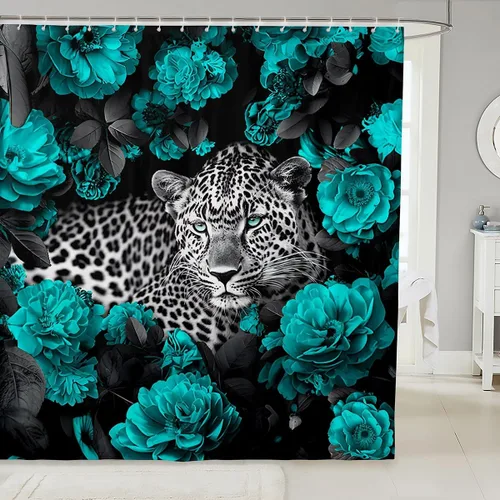 Vista 13 de Cortina de ducha con estampado de leopardo y gato con rosas rojas, 72 pulgadas de ancho x 72 pulgadas de largo, juego de cortina de ducha con flores