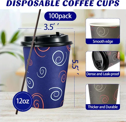 Vista 2 de TV TOPVALUE Paquete de 100 vasos de papel de 12 onzas, tazas de café desechables con tapas y pajitas para agua potable, té, utilizado para el hogar