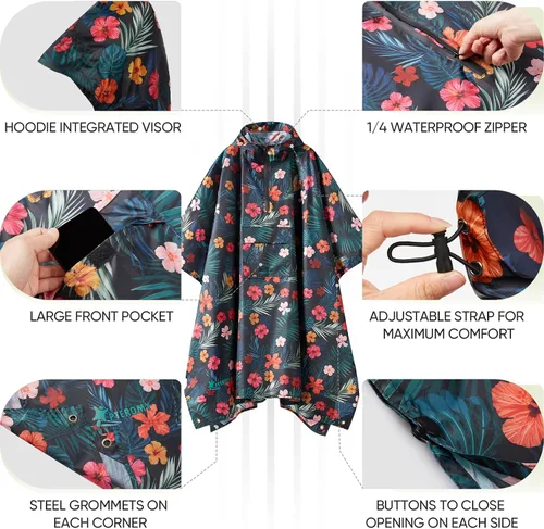 Vista 2 de PTEROMY Poncho de lluvia para adultos con capucha y cremallera de 14, abrigos de lluvia ligeros para mujeres y hombres, artículos esenciales