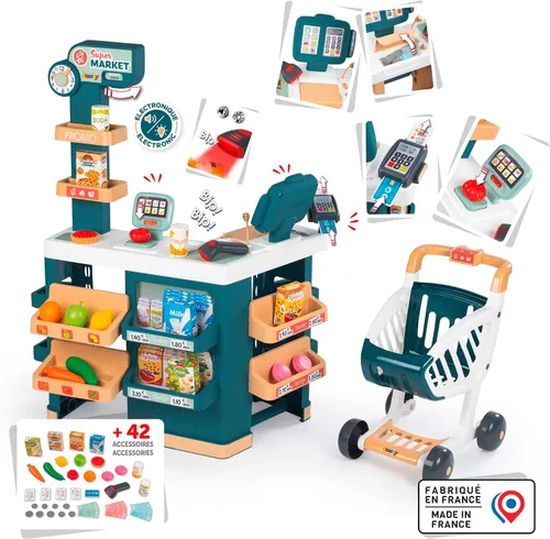 Vista 2 de Smoby - Supermercado, carrito de compras para niños incluido, báscula mecánica, funciones electrónicas y 42 accesorios para una experiencia