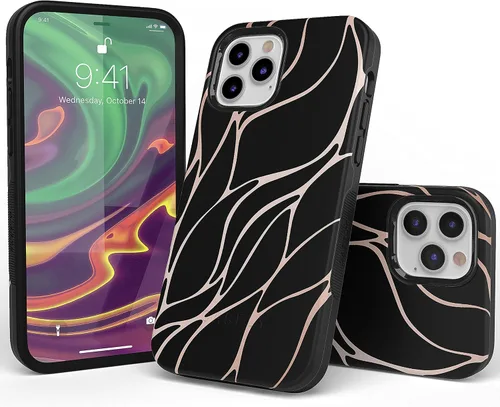Vista 2 de Casely Funda para iPhone 12/12 Pro Funda de ondas metálicas negras y doradas con cobertura de 360 grados para tu teléfono, recortes precisos