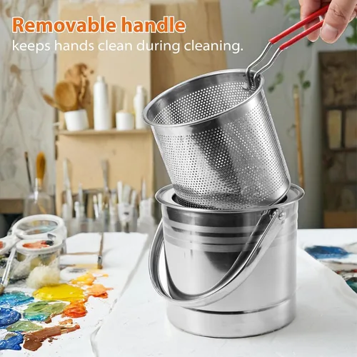 Vista 5 de Herramientas limpiadoras de pinceles de pintura, arandela de cepillo de acero inoxidable con colador extraíble y tapa a prueba de polvo, taza