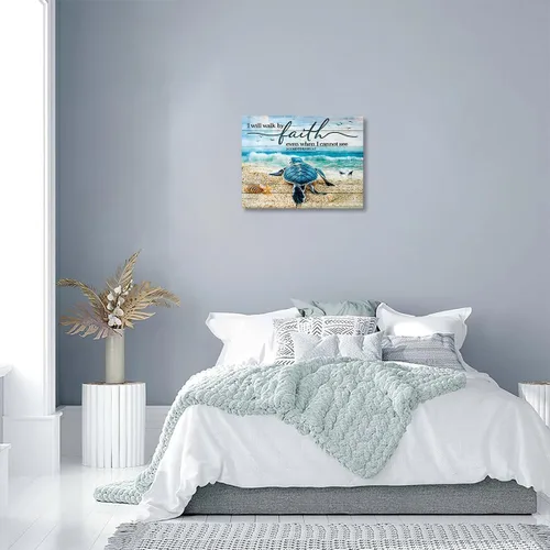 Vista 7 de Tourrest Arte de pared de la escritura de la Biblia sagrada Tortuga marina azul caminando por la fe Impresión en lienzo con citas enmarcadas Arte