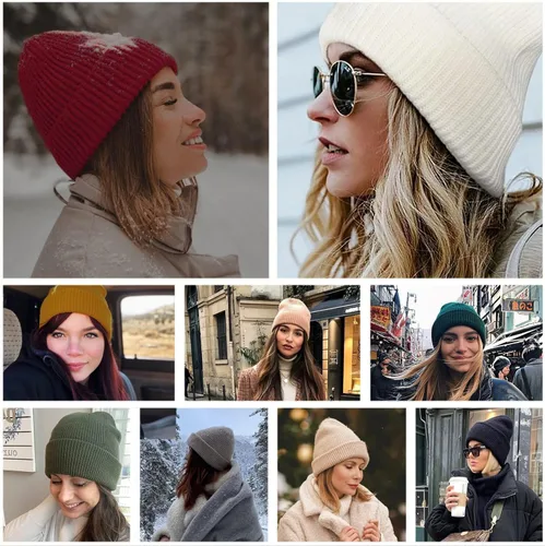 Vista 6 de Muryobao Gorro de punto para mujer gorro de invierno suave y cálido con puños de calavera