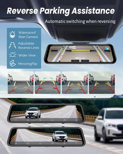 Vista 6 de Cámara de espejo retrovisor 4K con Carplay y Android Auto, cámara de salpicadero de 12" para espejo frontal y trasero con control de voz para coches