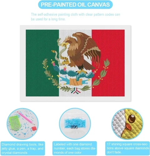 Vista 3 de Kits de pintura de diamantes con bandera mexicana para adultos, taladro completo 5D, manualidades para decoración de pared del hogar, regalo