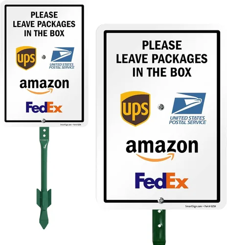 Vista 25 de SmartSign 7 x 10 pulgadas "Por favor, deje los paquetes en la caja - Amazon, FedEx, UPS, USPS" Letrero de instrucciones de entrega de metal