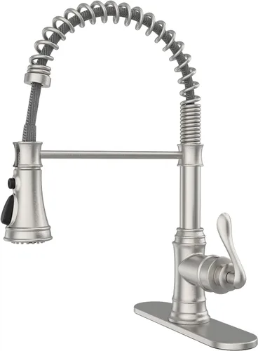Vista 10 de BWE Grifo de cocina, grifo de fregadero de cocina con rociador extraíble, grifo de arco alto de una sola manija en negro y oro cepillado con 3 modos
