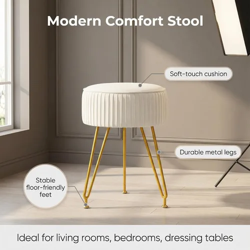Vista 6 de Taburete de tocador de terciopelo, moderno taburete otomano con patas doradas ajustables, silla de maquillaje para tocador, silla de tocador pequeña