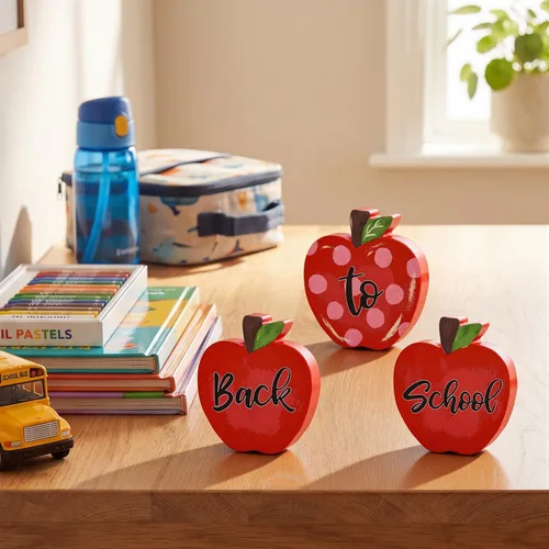 Vista 7 de Decoración de mesa de madera Smile Back to School – Letreros de escritorio «Back to School» de manzana roja – Decoración para el aula y la oficina