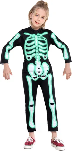 Vista 2 de HSCTEK Disfraz de esqueleto iluminado para niños, disfraz LED de Halloween Verde