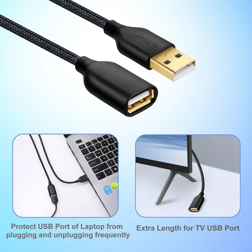Vista 5 de OKRAY - Cable de extensión USB, paquete de 2 cables de extensión USB 2.0 de nailon trenzado de 6 pies tipo A, macho a hembra, con conector chapado