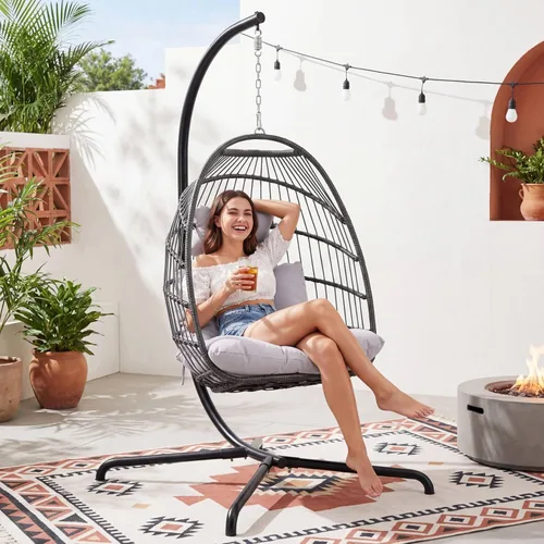 Vista 3 de NICESOUL Cómoda y cómoda silla de mimbre para exteriores con soporte, sillas plegables para patio con cojín, hamaca resistente de 350 libras