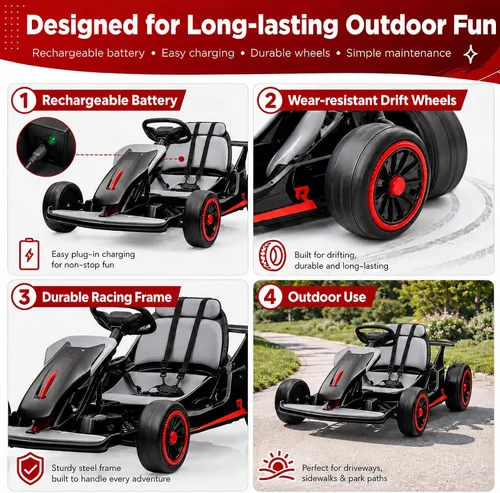 Vista 8 de Litake Go Kart eléctrico para niños de 24 V, batería de 7 Ah para niños de Negro