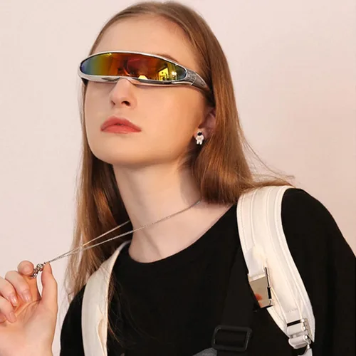 Vista 3 de KFPH Gafas de sol estrechas futuristas UV400 Robot Space Costume Color Mirrored Lens Party Rave gafas futuristas