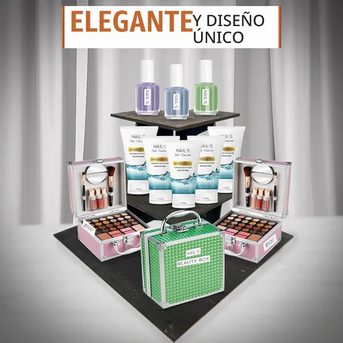 Vista 2 de Mesa expositora de esquina de ébano quemado de 3 niveles con estantes para productos - portátil Negro