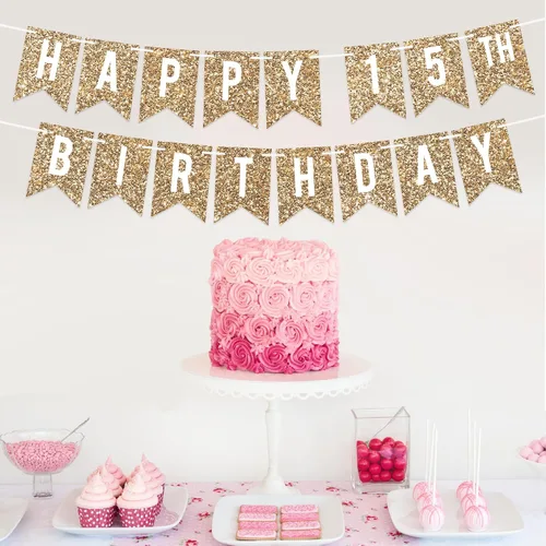 Vista 2 de Cartel de feliz cumpleaños 15 pre-encordado - Cartel de cumpleaños con purpurina dorada No DIY - Gold Glitter 15th Party Decorations for Boys &