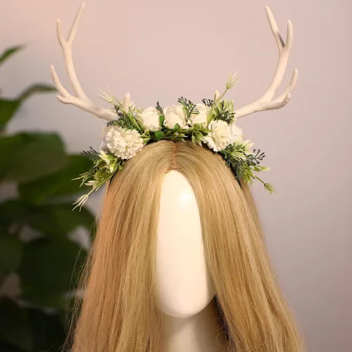 Vista 4 de MOSTORY Diadema hecha a mano con cuernos de flores blancas – Diadema de renos del bosque, diadema floral de bosque con cuernos de ciervo