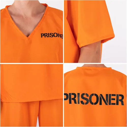 Vista 5 de Disfraz de prisionero para adultos, overol naranja de convicto para cosplay, camisa y pantalón, disfraz para hombres y mujeres