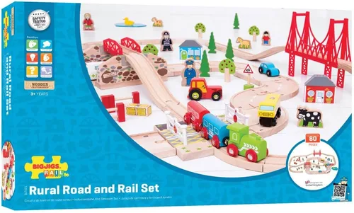 Vista 8 de Bigjigs Rail Juego de tren de madera de 80 piezas para carretera rural y ferrocarril, juego de tren para niños con 80 accesorios de tren Bigjigs