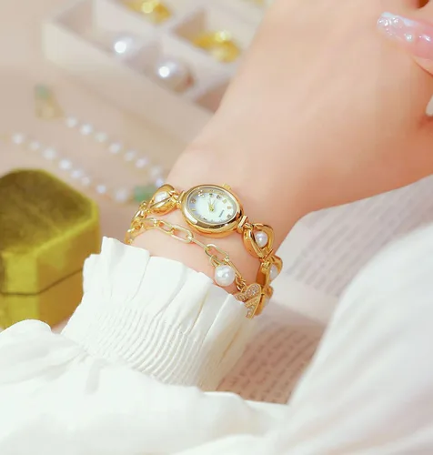 Vista 2 de ADSBIAOYE Elegante reloj de vestir para mujer con perla de moda, reloj de esfera ovalada, pulsera de regalo para mujer, reloj analógico impermeable