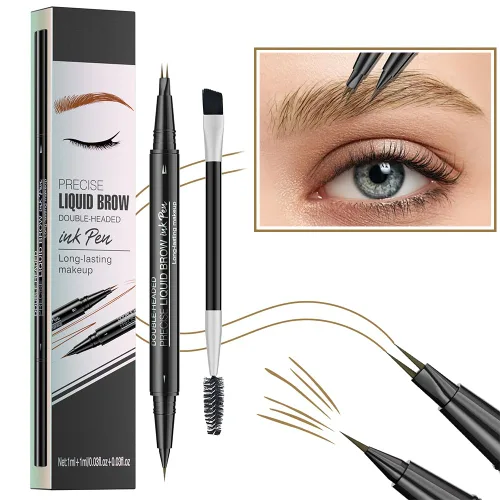 Vista 9 de Pinkiou Lápiz de cejas Microblading - Lápiz de cejas 2 en 1 de doble punta con 4 puntas de tenedor y cepillo de precisión, negro