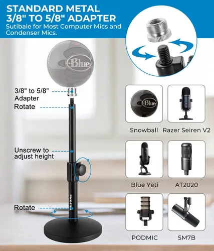 Vista 6 de BILIONE Soporte de micrófono de escritorio multifuncional, soporte de micrófono ajustable con filtro pop, soporte de choque, clip de micrófono