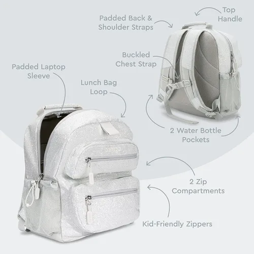 Vista 2 de Bentgo® Juego de fiambreras para niños de 5 compartimentos con mochila ligera de 14 pulgadas para niños (edición con purpurina - plateado)